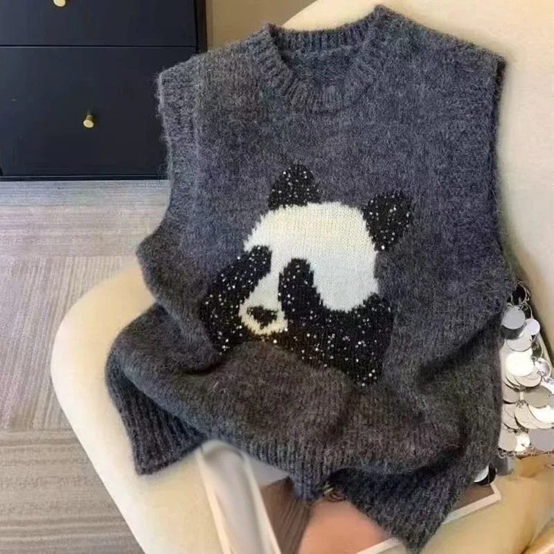 Kawaii Panda Sequin Knitted Vest Women Sleeveless Sweater Vest Autumn Winter Chic Layering Top