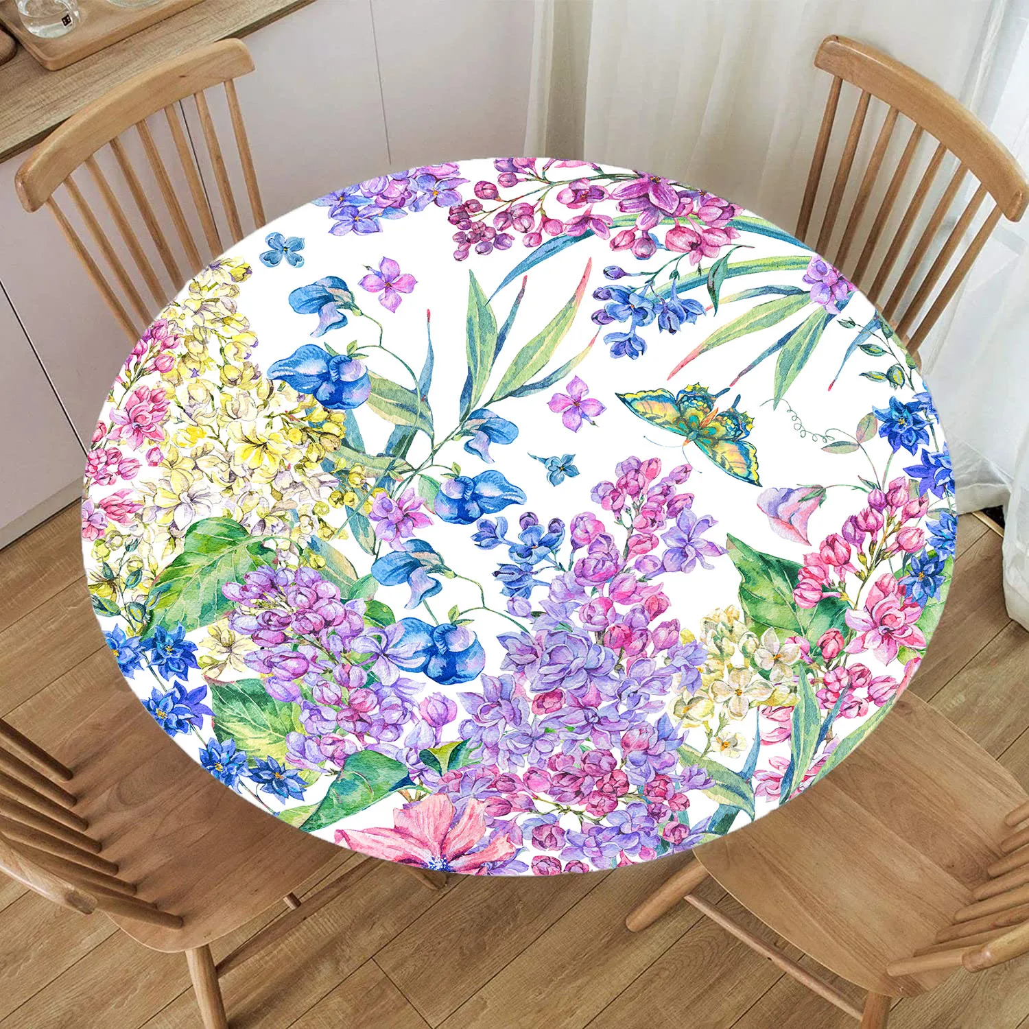 

Watercolor Floral Round Tablecloth Butterfly and Wildflower Waterproof Elastic Edged Round Fitted Table Cover for Indoor Outdoor