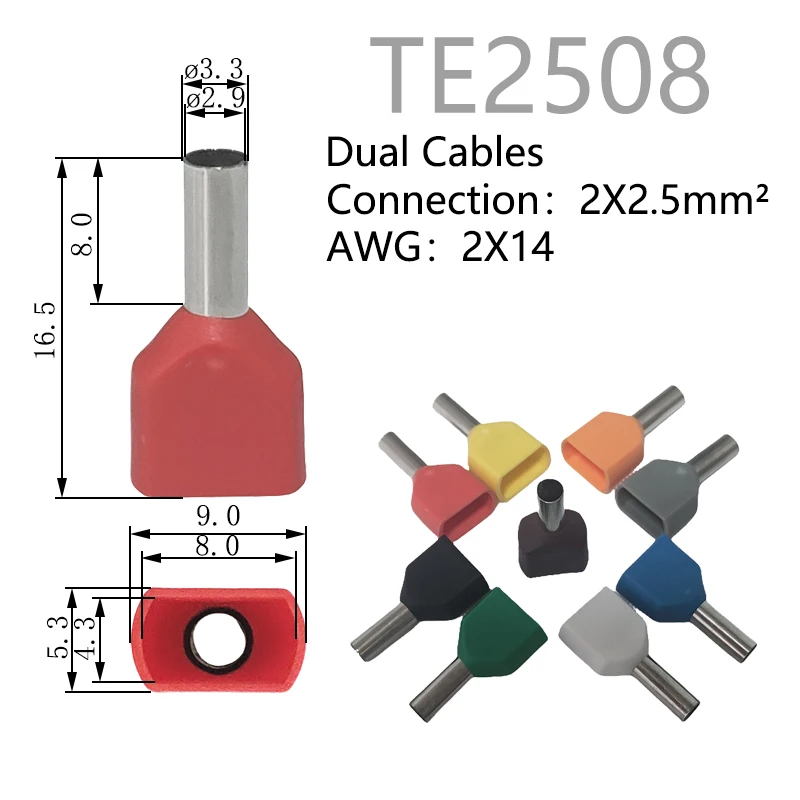 100PCS TE2508 Dual Wires 2.5mm² Insulated Ferrules Cable Lug Crimping Copper Terminal Electrical Block Cord End Connector　