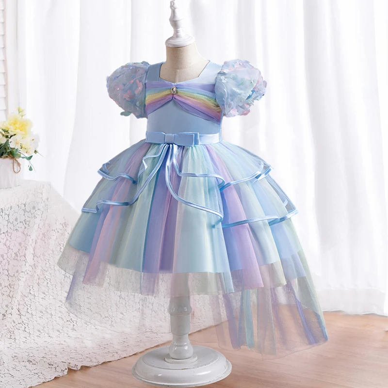 Vestido de menina bordado de renda, vestidos infantis para casamentos, vestido de aniversário infantil, botão, manga puff, vestido de gala