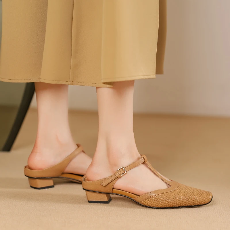 

Large Size 40 41 Spring Summer New Square Toe Casual Mules Shoes Women's Full Genuine Leather T-tied 3cm Heeled Slippers Sandals