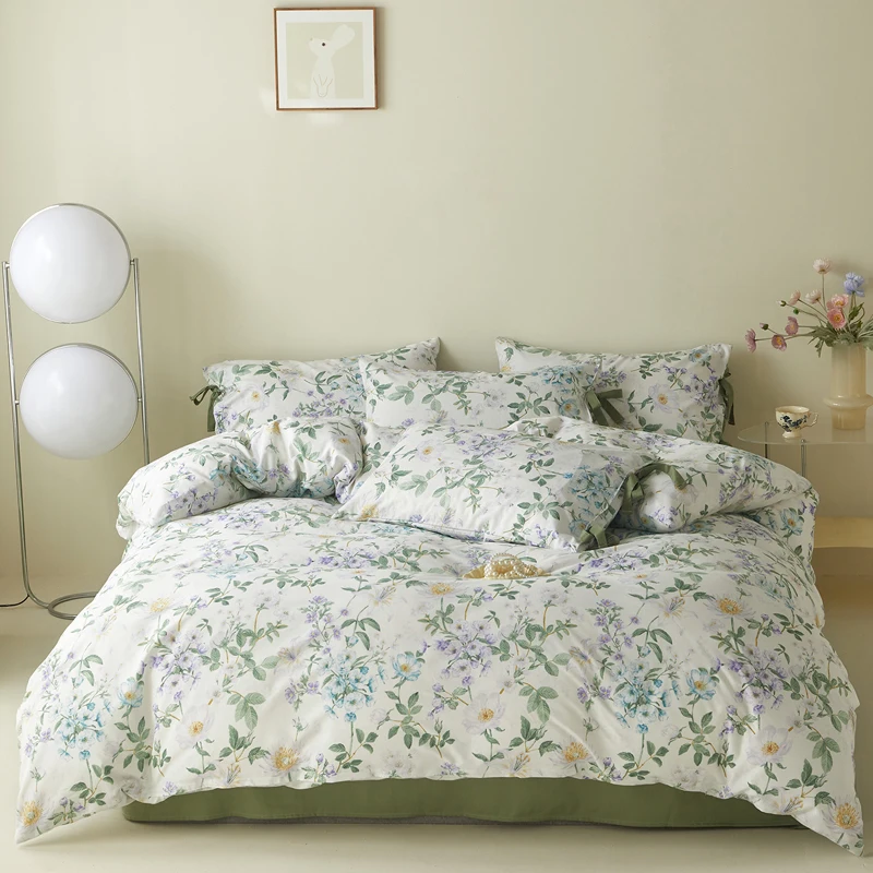 100% Cotton Bedding Set Vintage Floral Print Duvet Cover Set Green Bow Decor Pillowcases Bed Sheet Single Double Queen King Size