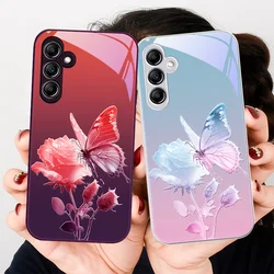 Glass Phone Case For Samsung Galaxy A01 A02 03 Core A04 A14 4G A13 54 34 31 20 25 23 22 5G S21 Ultra S20 Butterfly Gradient Blue