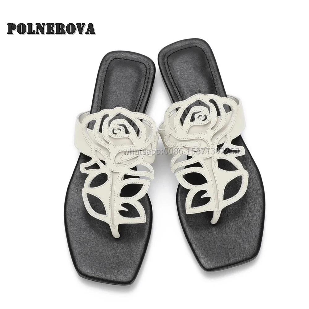 Rose Hollow Out Bicolor Slides Comfortable Vacation Shoes 2024 Summer Clip Toe Flat with Side Air Slip On Casual Women Slippers