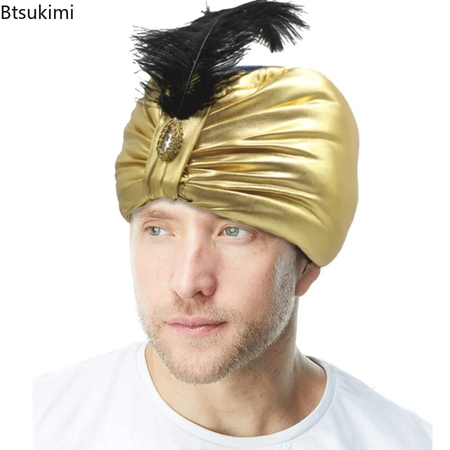Gold Sultan Turban Hat Feather Elegant Arab Indian Head Wrap Men Women Cosplay Theme Party Stage Performance Costume Accessory