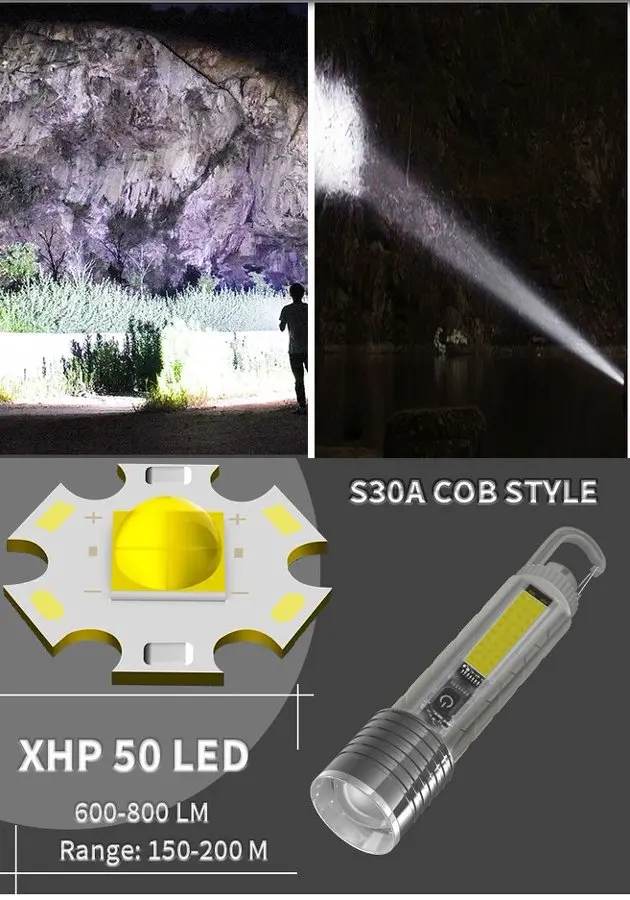USB Rechargeable Flashlight with COB Side Light & Hook Bright Zoomable LED Torch for Camping Hiking Car Repair 1 Pack