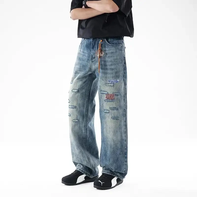 Men's Casual Loose Denim Jeans with Patchwork Design, Wide-Leg Retro Streetwear Pants, Breathable and Washable Cotton Jeans for