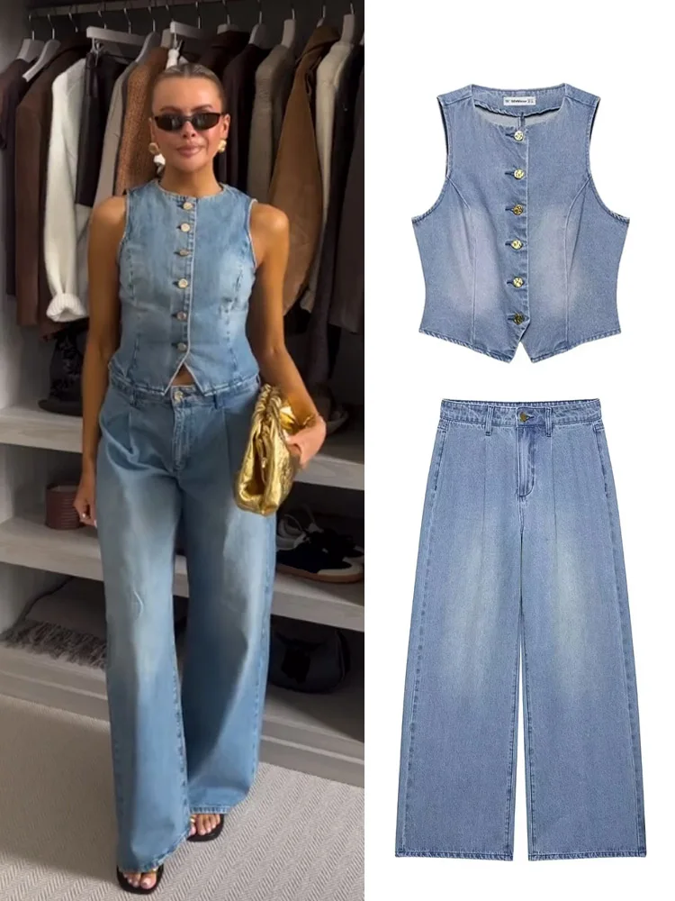 

TRAFZA 2025 Denim 2-Piece Set Women Fashion Round Neck Single-Breasted Sleeveless Vest+High Waist Casual Pleated Wide-Leg Jeans