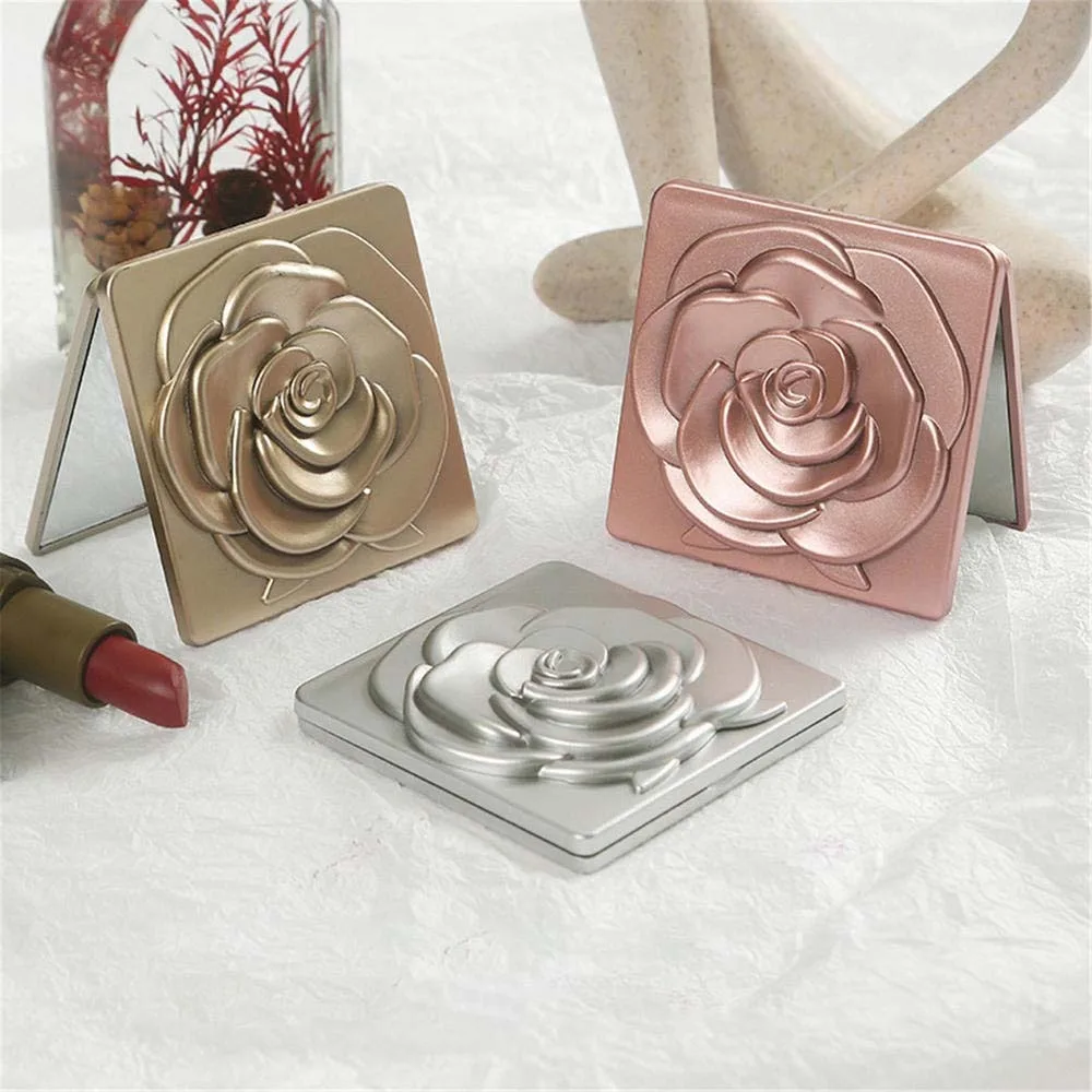 Mini Square Fold Makeup Mirror Rose Flower Easy to Carry Desktop Stand Mirror Compact Cosmetic Mirror Light Weight