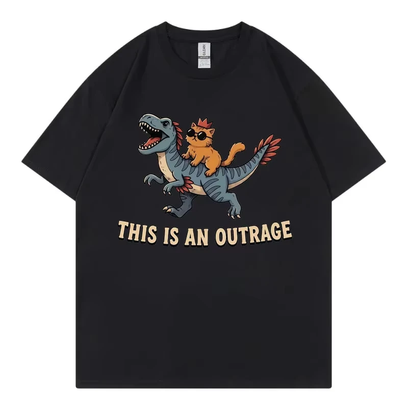 This Is An Outrage Funny Cat Riding Dinosaur Meme T-shirt Fashion Cartoon Short Sleeve T-shirts Men Women Casual Loose T Shirt