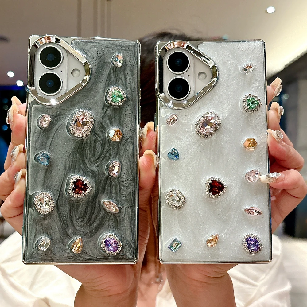 

Fashion Glitter Diamond Straight Edges Plating Phone Case for iPhone 12 13 14 15 Quicksands Texture Girly Cover for 16 Pro Max