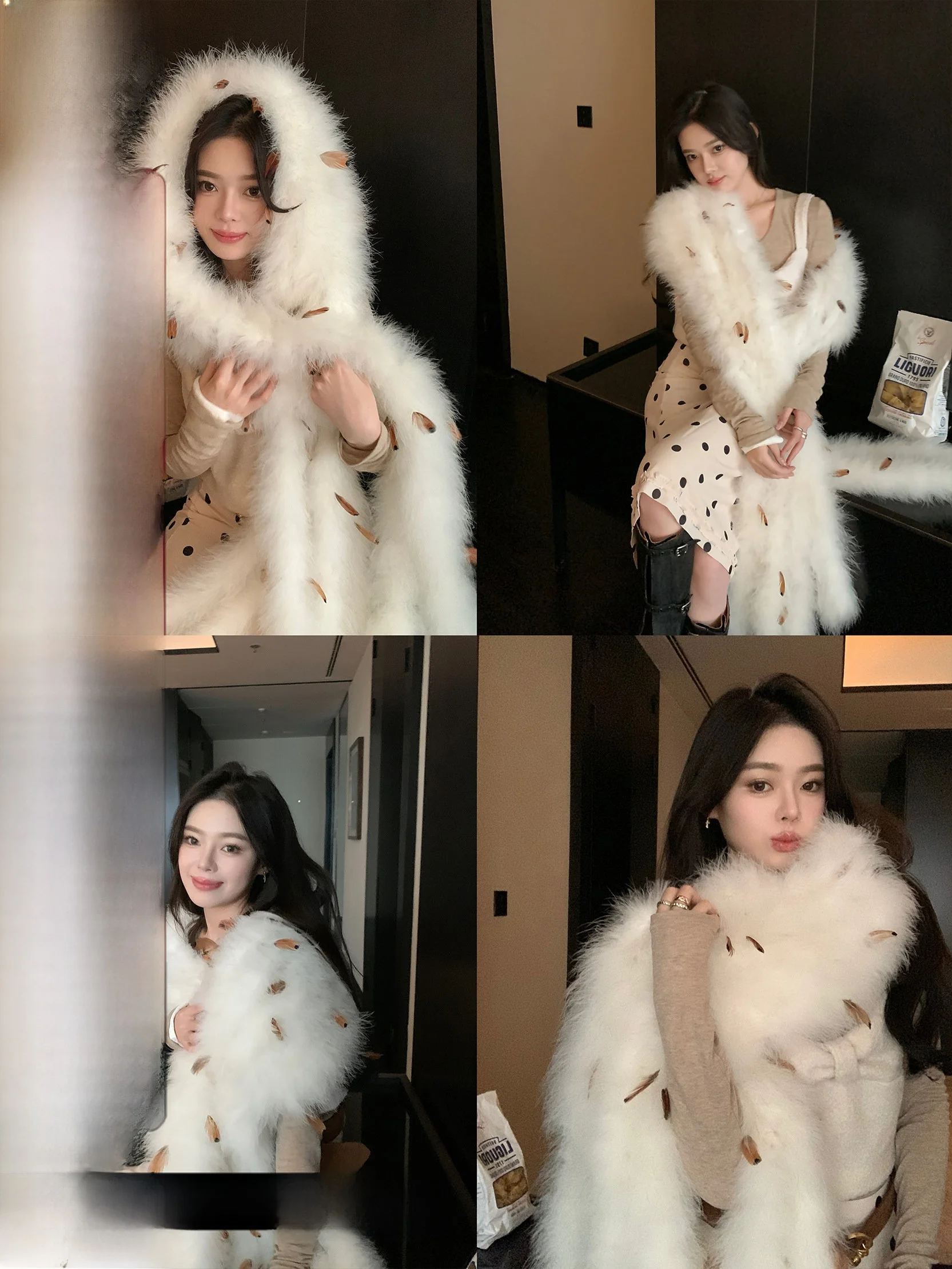 

Длинный шарф с кисточками из натурального меха и перьев индейки, очень длинный, струящийся, с дизайнерскими кисточками, для молодых женщин на зиму