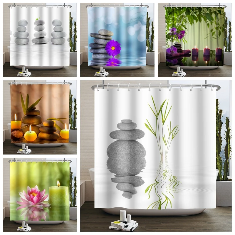 

Spa Zen Buddha Pebble Lotus Shower Curtain Rural Landscape Flower Stone Candle Green Bamboo Waterproof Fabric Bathroom Curtains