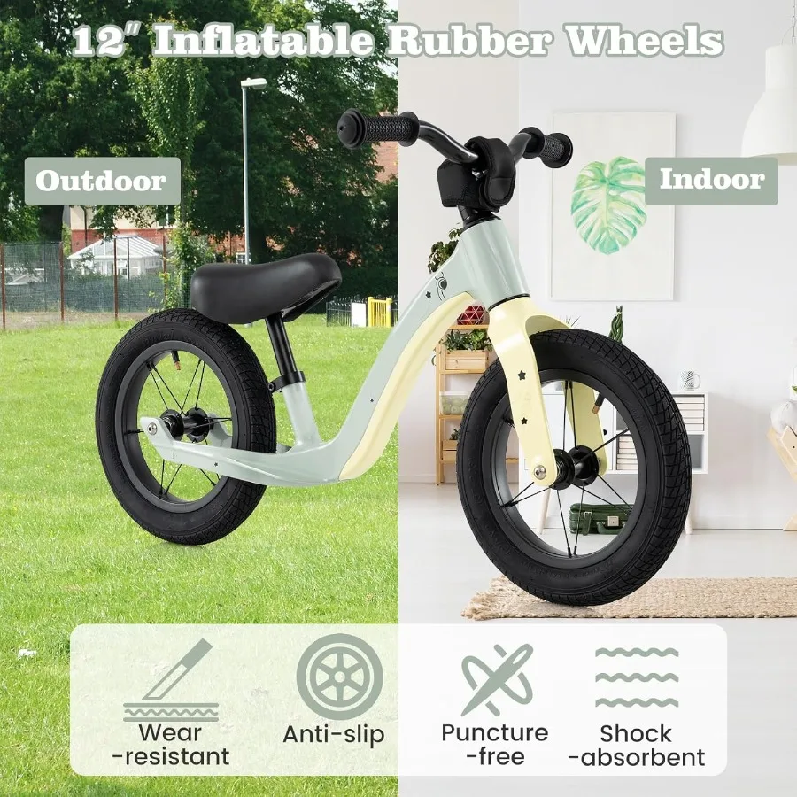 幼児用バランスバイク 12インチ ベビー用プッシュバイク ツール不要で調節可能なパッド入りシート付き 超軽量マグネシウム合金フレーム ペダルなし