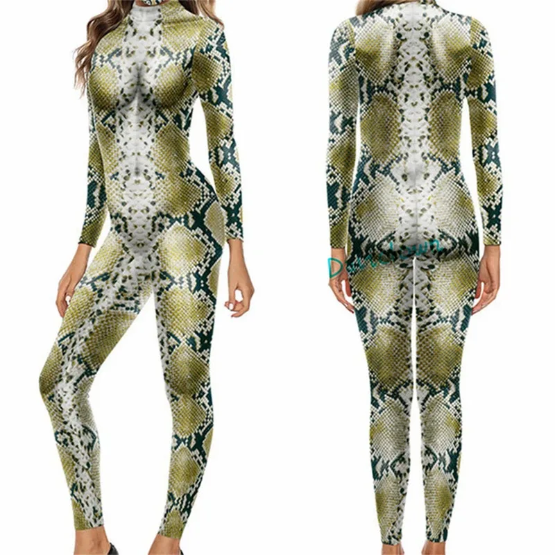 الأخضر الأفعى طباعة ثوب بودي كون مثير المرأة رومبير ارتداءها للحزب اللياقة البدنية الزي تأثيري حلي الإناث قطعة واحدة البدلة