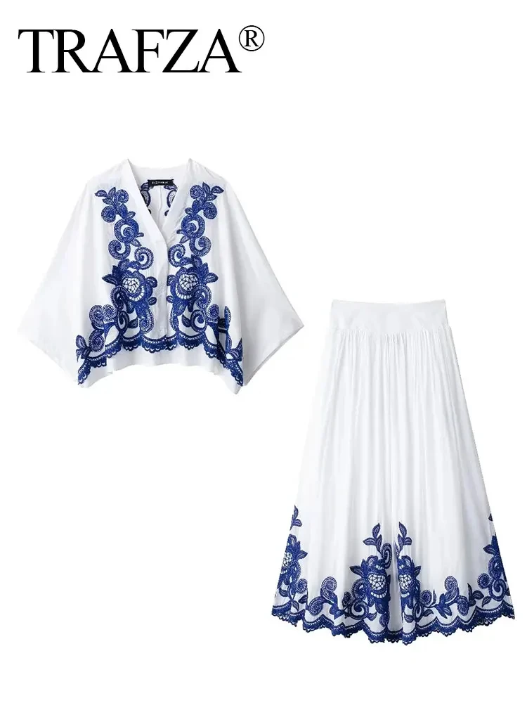 TRAFZA Women Fashion Blue Floral Embroidery Blouse Skirts Suit V Neck Shirt Elastic Waist Midi Skirt Elegant Woman Y2K Outfit