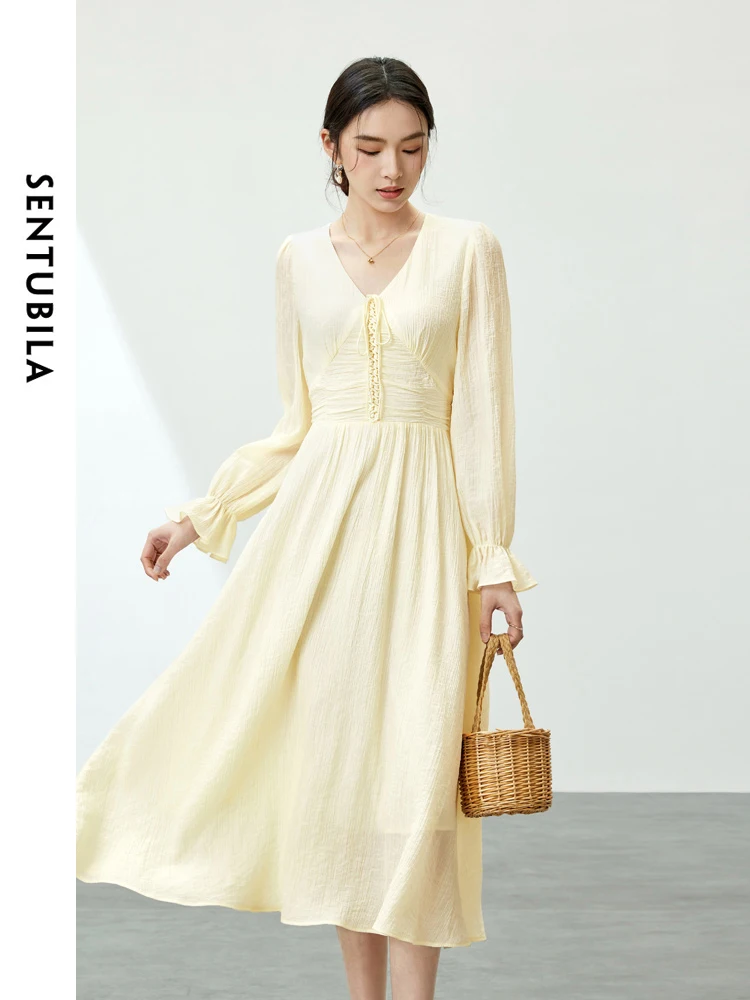 

SENTUBILA Spring Autumn Midi Dresses for Women 2024 Elegant Lace-up Fitted Long Sleeve V-neck Smocked Swing Dress 141L53750