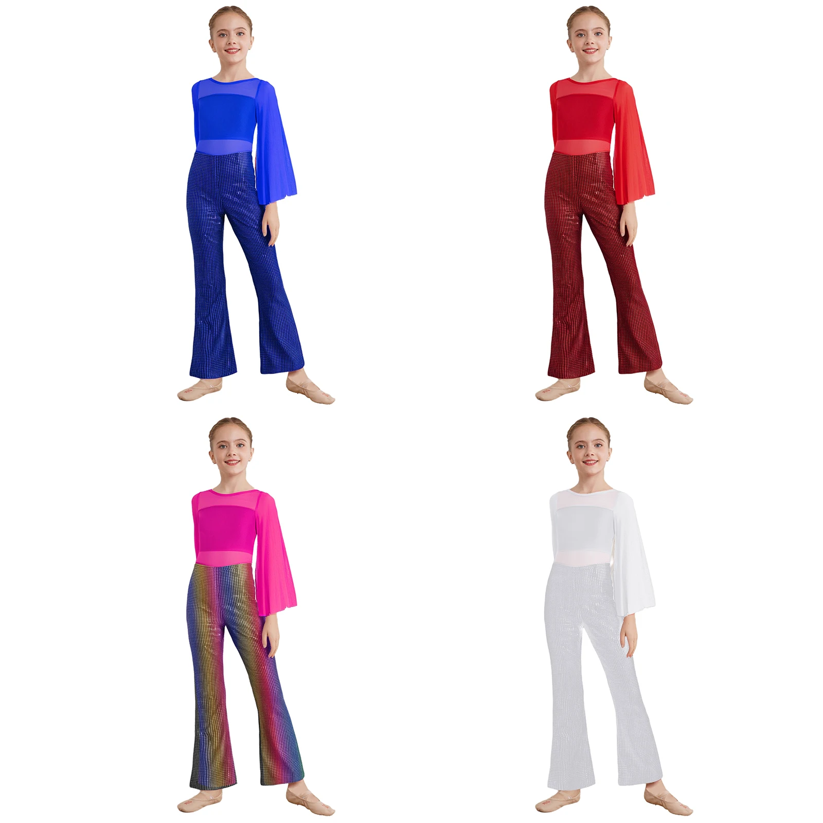 Combinaison métallique pour enfants filles, Costumes de spectacle de danse de salon de Ballet Jazz, bas de cloche, body complet, vêtements de fête pour spectacle scolaire