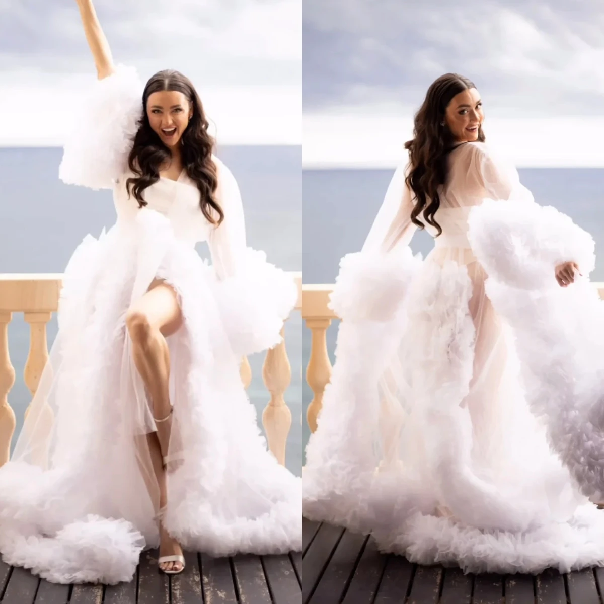 Cswdocy Women Sexy Bridal Robe Tulle Long Wedding Dressing Gown Maternity Bathrobe Sleepwear Pregnancy Photo Shoot Dress 2027