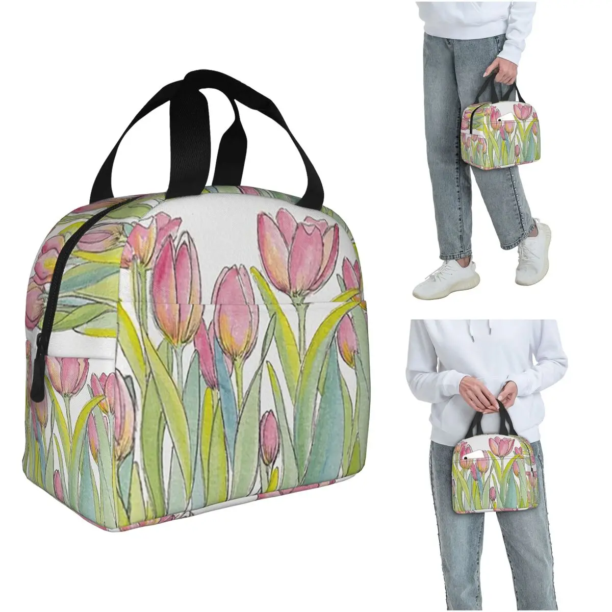 

Chic Pink Floral Tulip Painting Insulated Lunch Bag for Women Kids Portable Food Boxes Thermal Lunch Box Tote