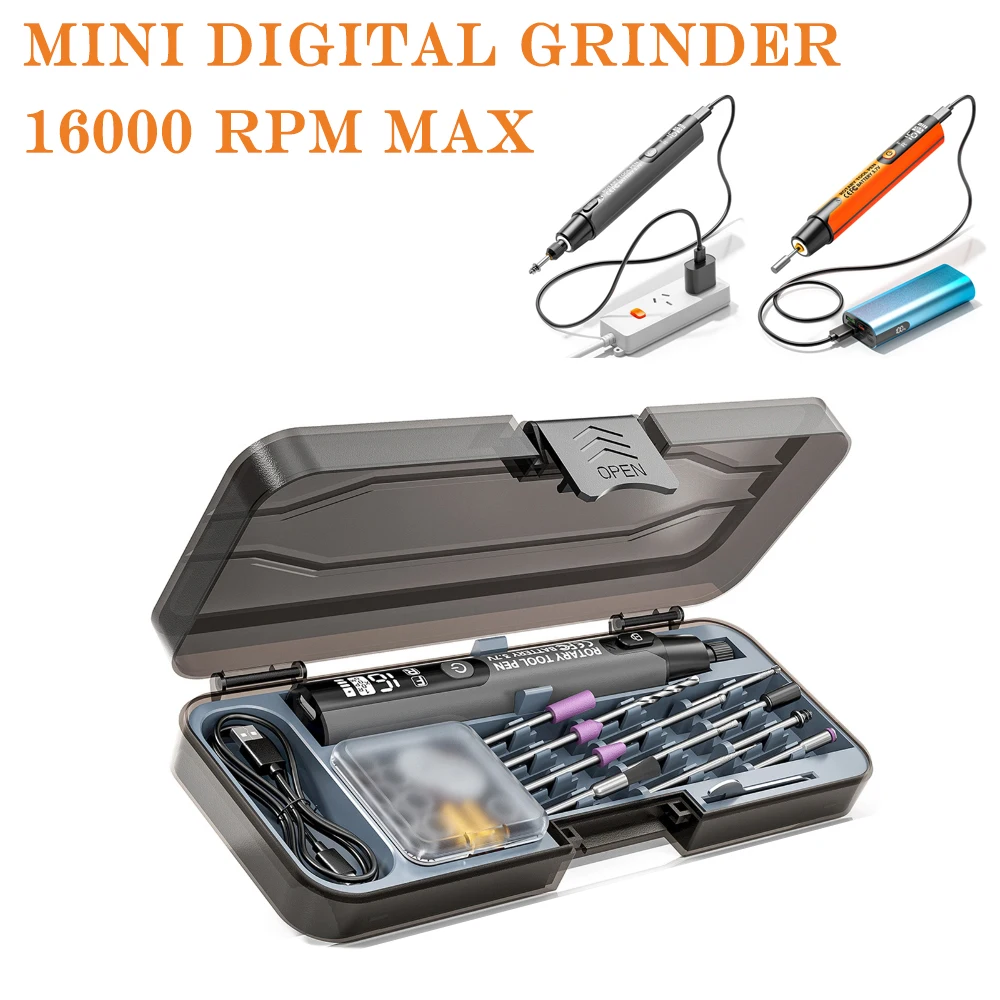 

Mini Electric Grinder USB Electric Drill 6000-16000 RPM 6-speed Adjustable LED Display for Engraving Carving Milling Polishing