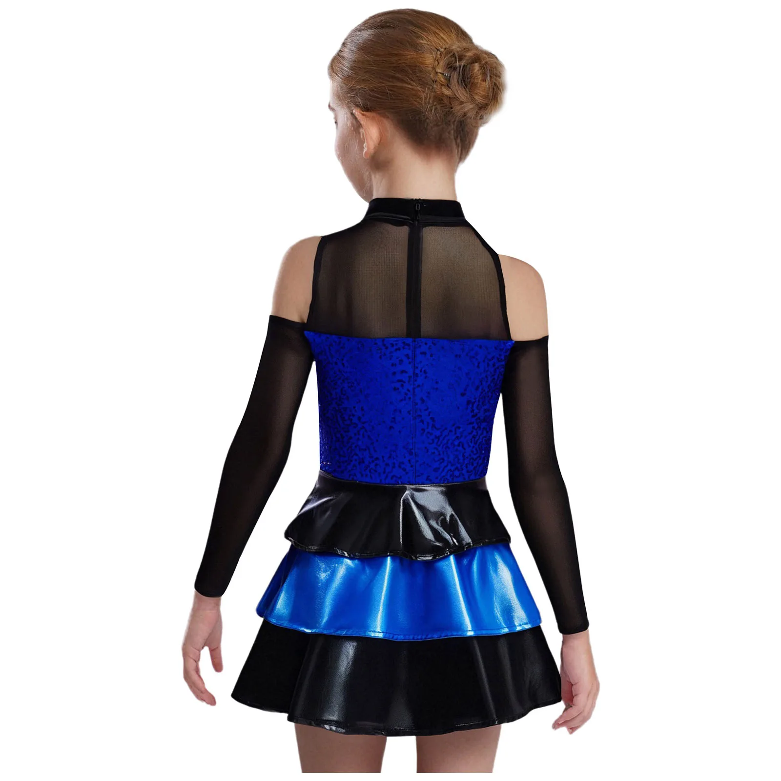 女の子用キラキラ輝くスパンコールモダンジャズダンスドレス長袖コールドショルダーティアードフリルバレエドレスヒップホップチャチャ社交ダンス衣装