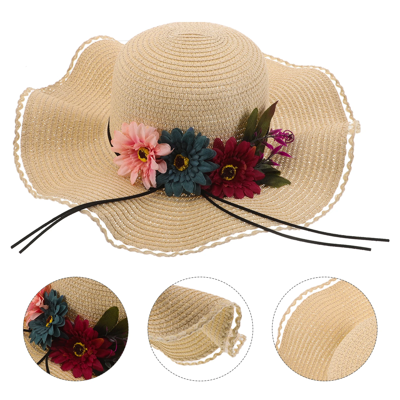 

Outdoor Sun Protection Hat Flat Brim Hats Girls Wide Foldable Straw Floppy Beach Cap Bucket Flower Full