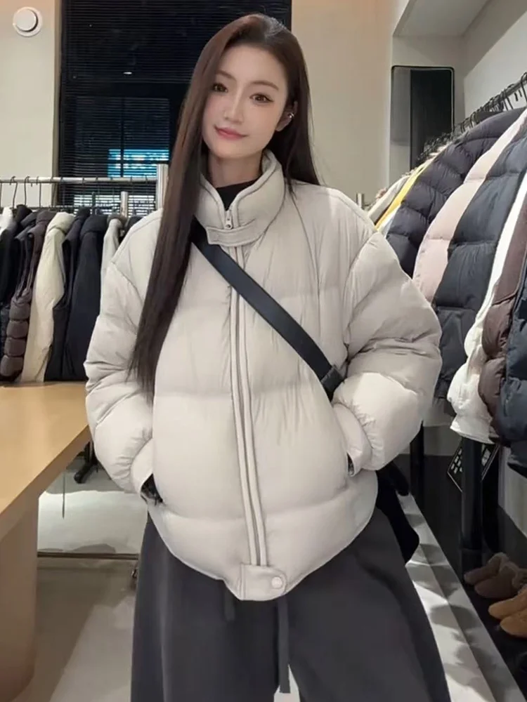 

Korean Style Short Puffer Jacket Women's Bread Duck down Loose Fit Warm Outerwear Stand Collar Winter New Arrival Slimming