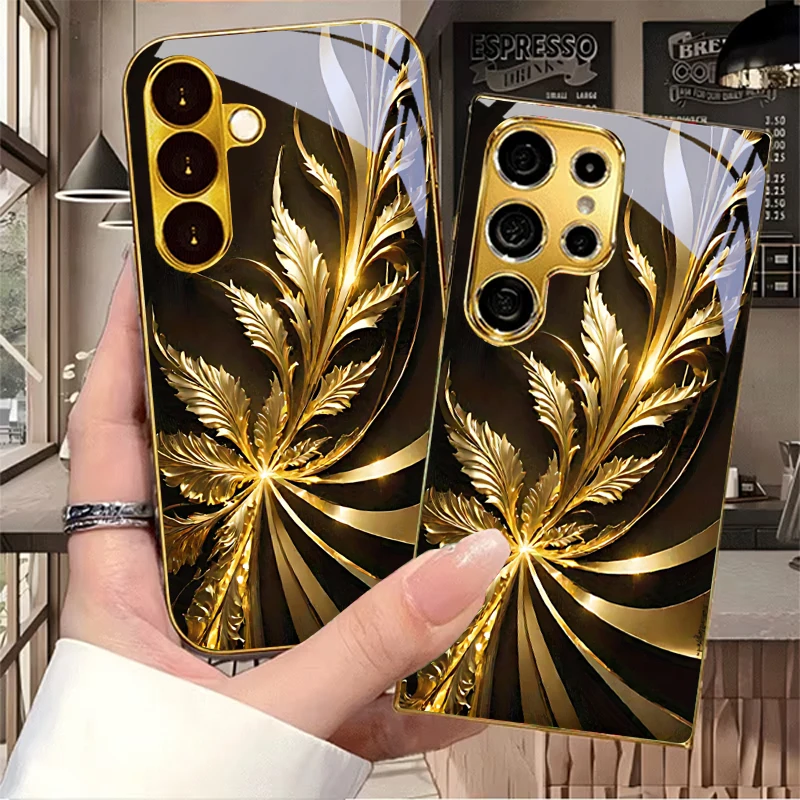 Gilded Radiant Foliage Electroplated Golden Phone Case For Samsung S22 Ultra S21 S20 FE S23Plus S24 S25 S26 Note 20 Back Cover
