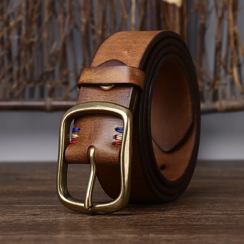 

3.8CM wide thickened top layer pure cowhide copper buckle genuine leather belt men's retro versatile jeans belt