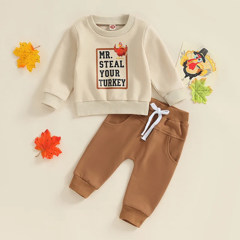 Baby Boys Thanksgiving Outfits Cute Turkey Print Hoodie and Pants Set for Fall Holiday Season 2Pcs Clothing Set