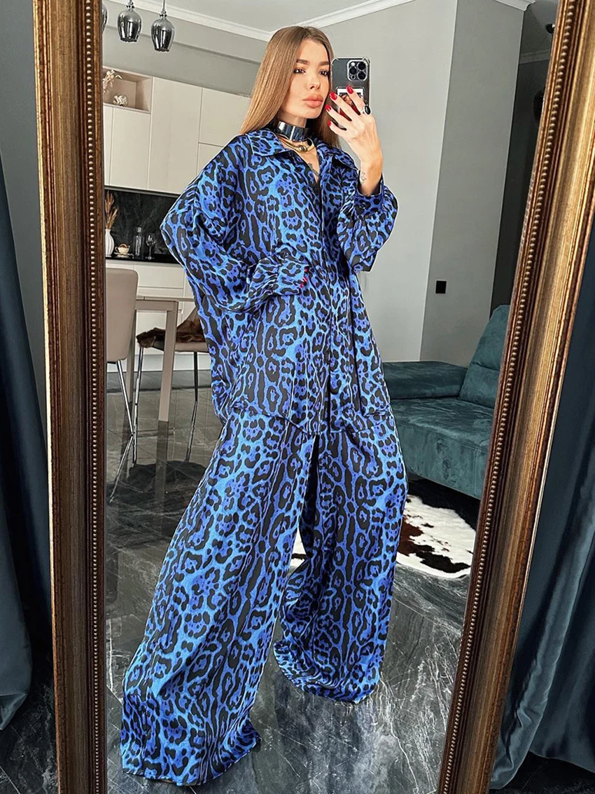 Marthaqiqi Leopard Print Women\'S Pajamas Set Long Sleeve Sleepwear Turn-Down Collar Nightwear Wide Leg Pants Femme Pyjamas Suits