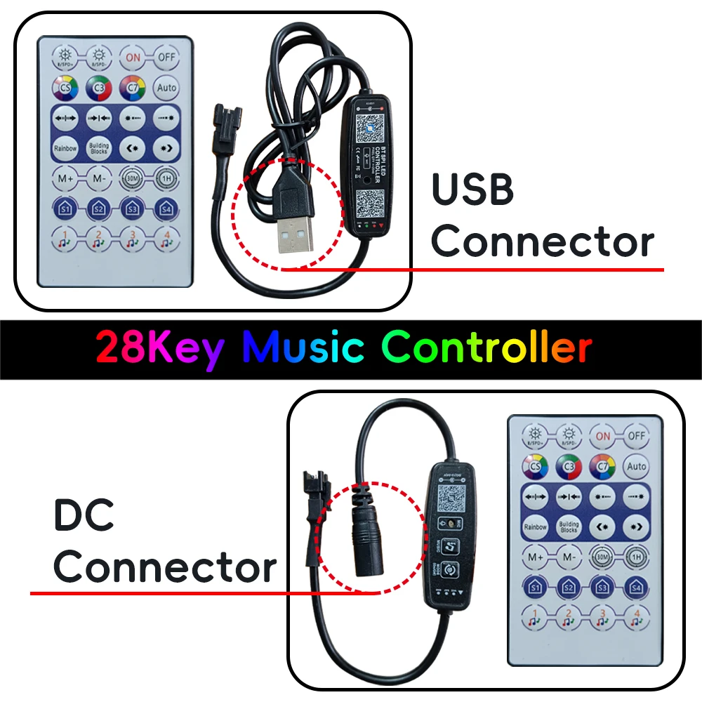 

Беспроводной контроллер музыки DC5-24V с 28 клавишами, функцией индивидуальной адресации пикселей, управлением через мобильное приложение, USB, RF, Wi-Fi пульт для светодиодных лент