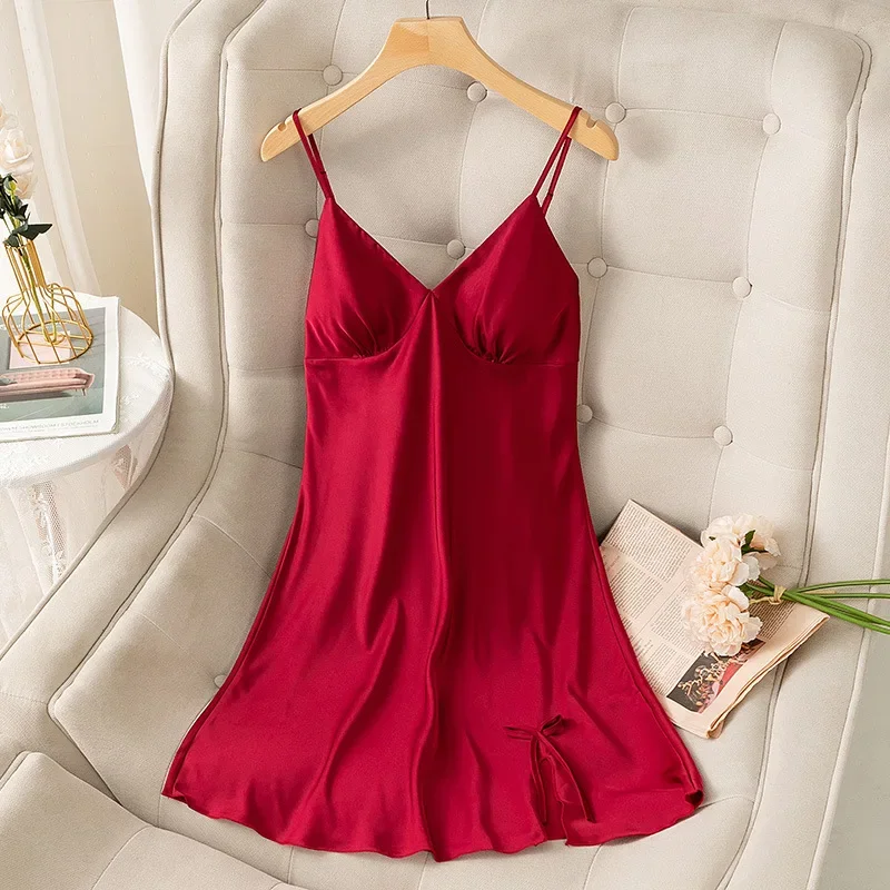 Spaghetti Strap Nightgown Sleep Dress For Women Satin Nightdress Intimate Lingerie Soft Home Dressing Gown Home Clothes