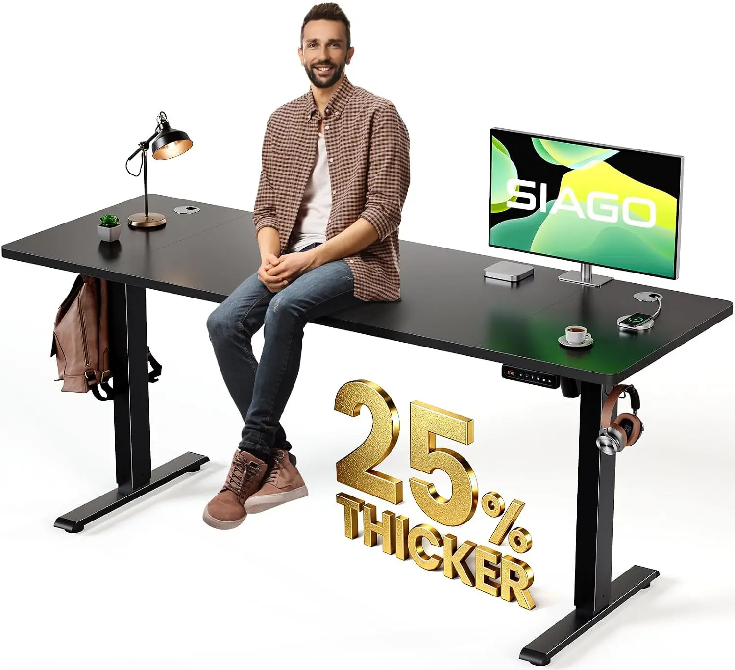 Electric Standing Desk 63x24 Inch Sit Stand Table Cable Management 3 Memory Preset Height Adjustable 200lbs Easy Assembly, Custo