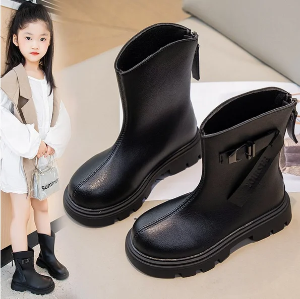 Spring Autumn Kids Boots for Girl Solid Color PU Princess Catwalk Boots Fashion Versatile Causal Children Simple Leather Boots