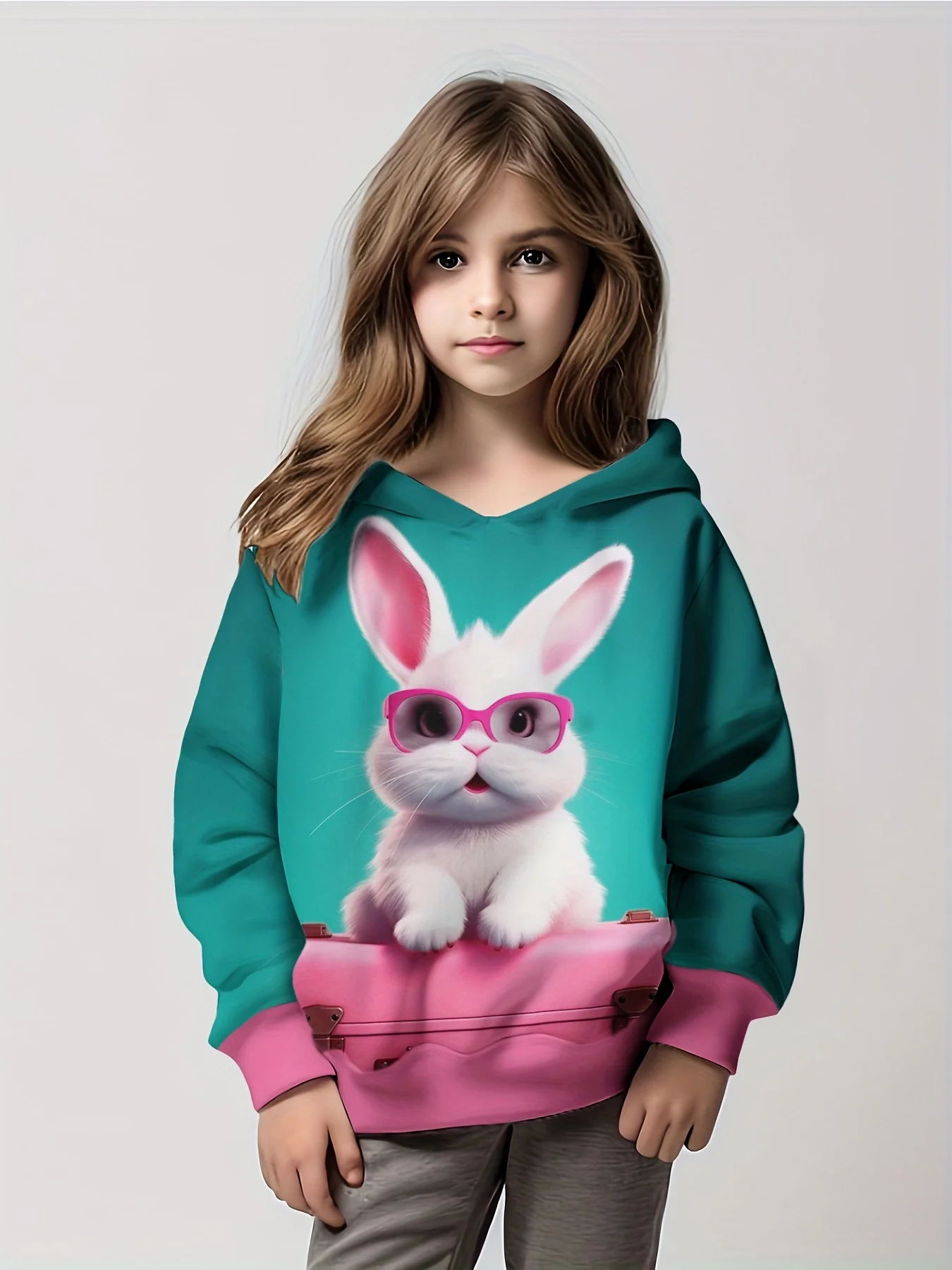 Sudadera con capucha para niña en 3D con diseño de conejito dulce y gafas, chaqueta con capucha de manga larga con dibujos animados para niño y niña, vestido de primavera y otoño