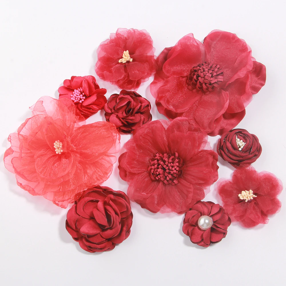 

10PCS/Lot Mix Styles Wine Red Series Fabric Chiffon Rose Flowers for Headbands Hair DIY Accessories Dress Hats Decoration