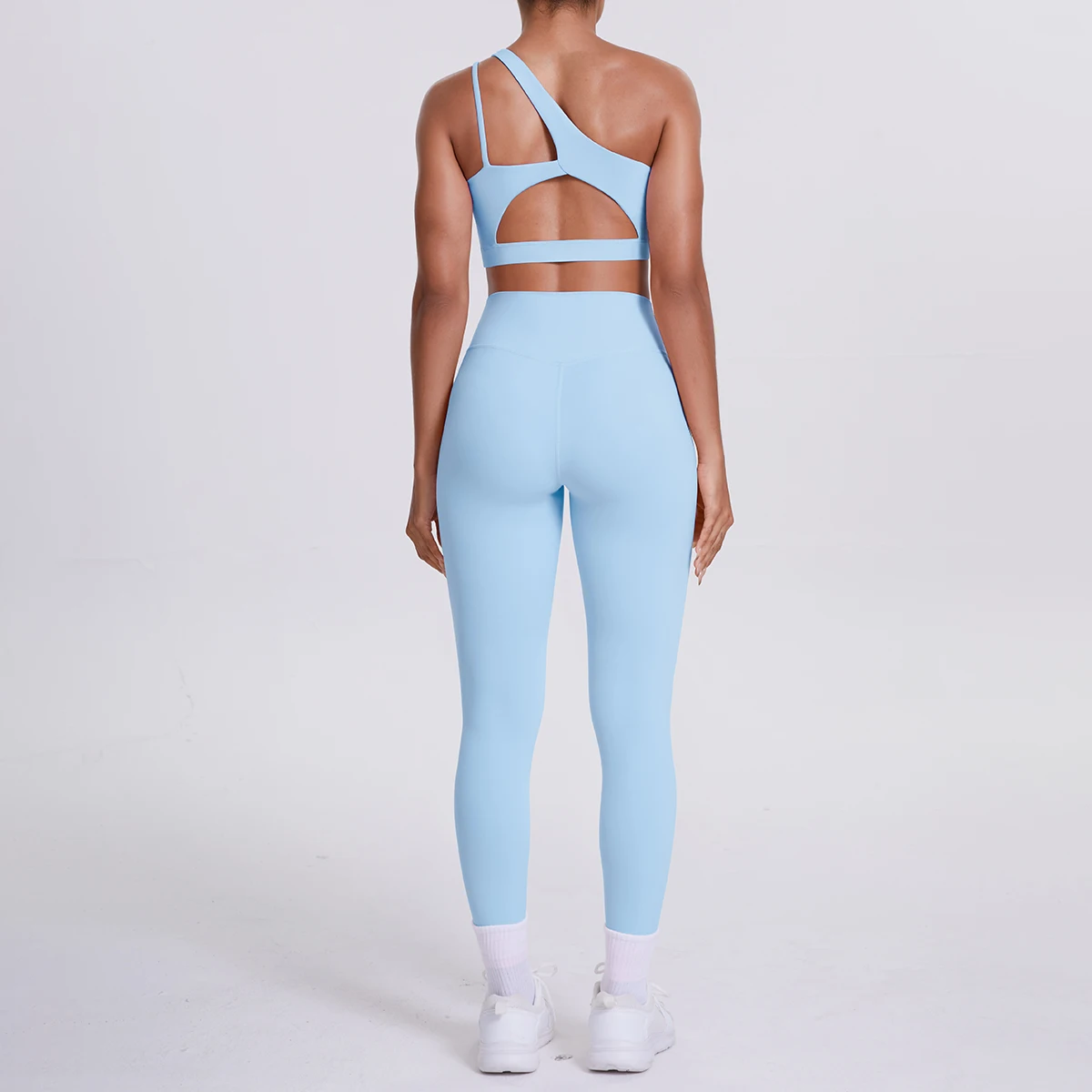 2pcs Yoga Set Women Solid Color Naked Feel Backless Single Shoulder Bra Female Sportswear High Waisted Peach Buttocks Yoga Pants