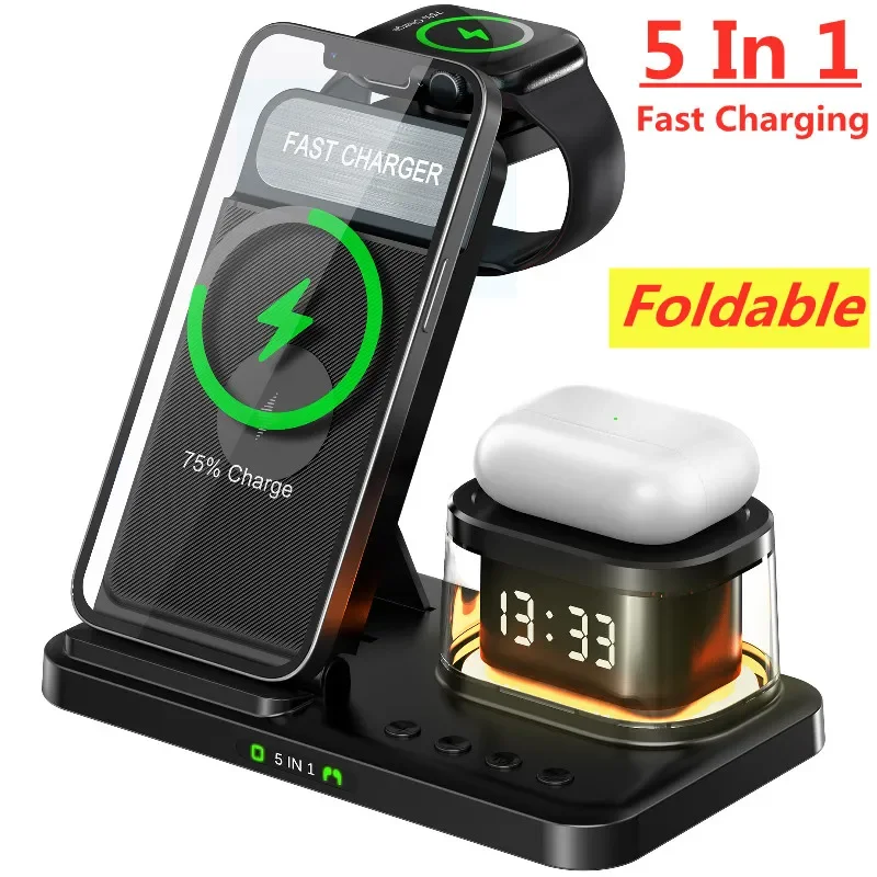 5 In 1 Wireless Charger Stand Foldable Clock RGB Night Light Fast Charging Station For iPhone15 14 13 12 Apple Watch Airpods Pro