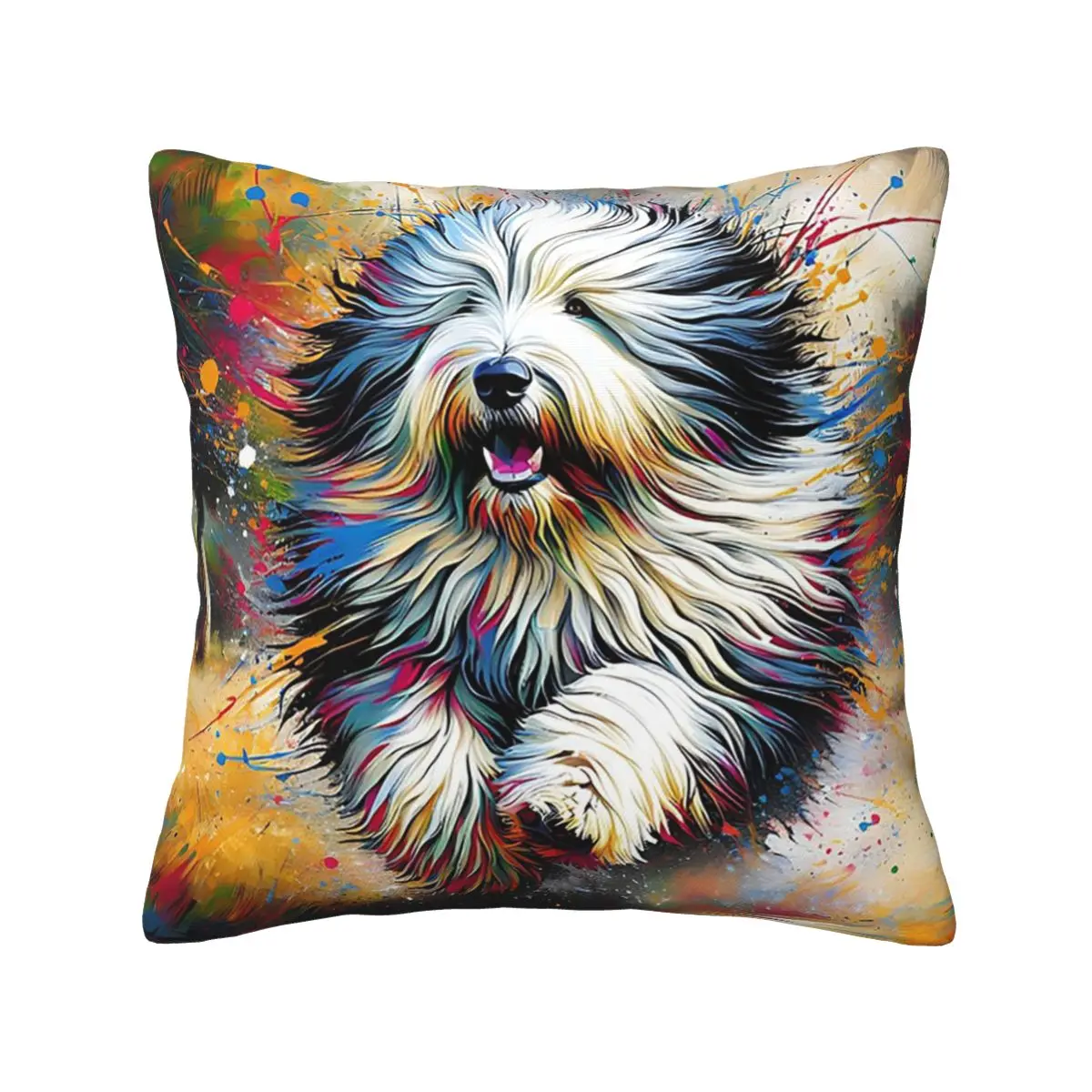 Old English Sheepdog Dog Portrait Acrylic Art Square Pillowcase Pillow Cover Cushion Zip Decorative Comfort Throw Pillow Home