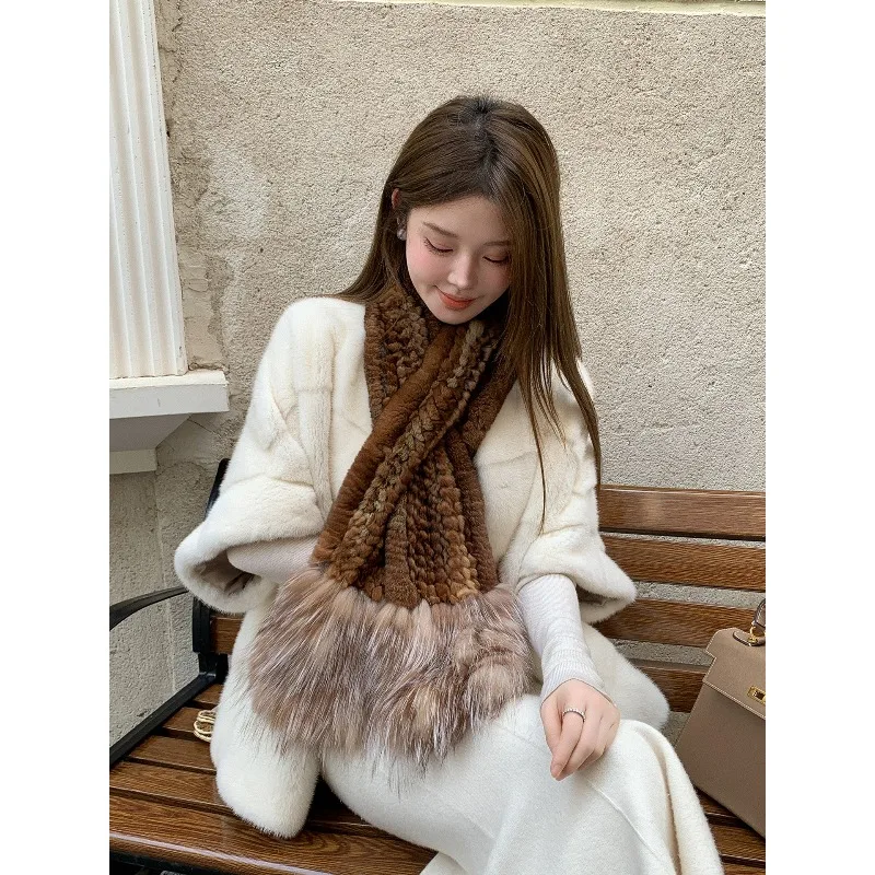 Winter new long Rex rabbit hair with fox fur scarf women's versatile atmosphere double-sided real hair scarf hair collar