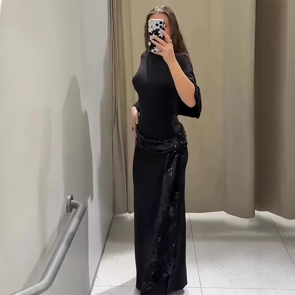Prom Dress Wedding Guest Party Long Dress Black Off Shoulder A Line Skirt Maxi Dress Sequined Belt Wrap Waist Detail Evening