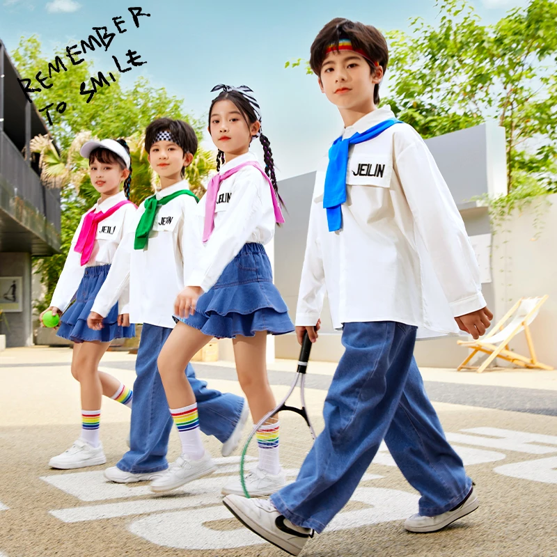 Hip Hop Girls Sweet Denim Skirts Boys White Shirt Street Dance Pants Child Jazz Denim Pants Outfits Kids Cheerleading Clothes