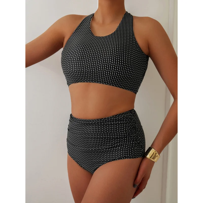 Maiô conservador de duas peças para mulheres, roupa de banho tankini xadrez, novo maiô de duas peças sem costas