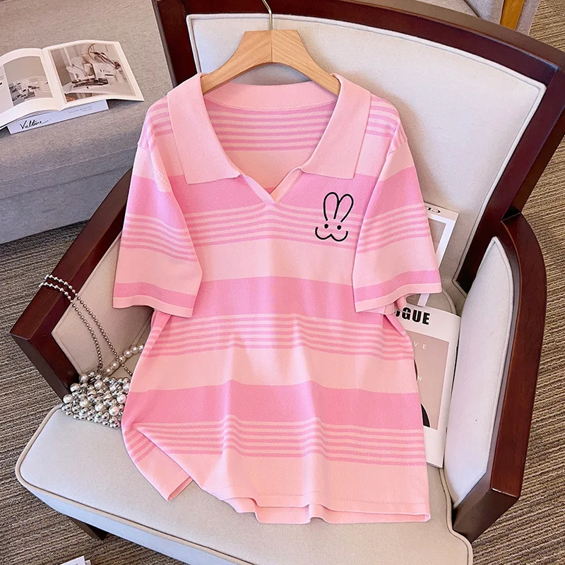 170Kg Plus Size Women\'s Bust 160 Summer Loose Ice Silk Knitted Striped Top Short Sleeve Lapel T-Shirt 5XL 6XL 7XL 8XL 9XL 10XL