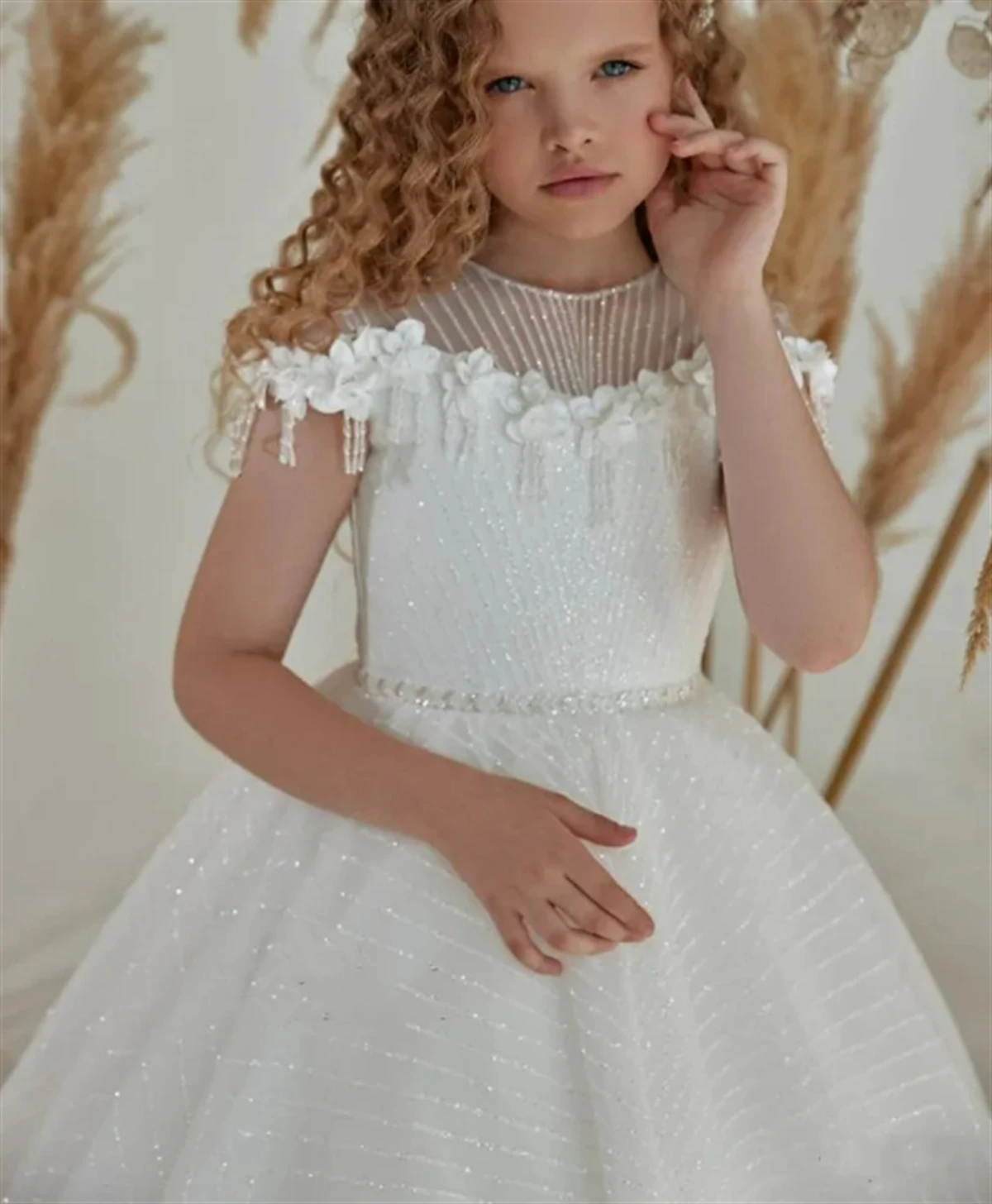 

Flower Girl Dress White Satin Applique Fringe Sparkle Wedding Elegant Flower Child's First Eucharist Birthday Party Dress