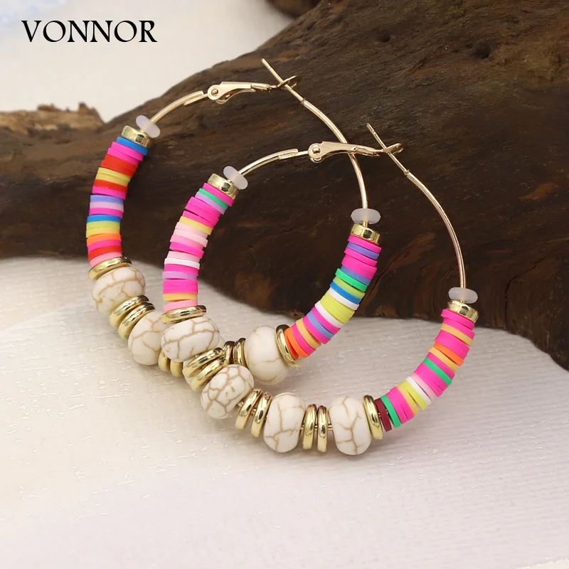 VONNOR Jewelry Women's Earrings Bohemian Multicolor Polymer Clay Stone Beaded Rainbow Earrings Female Vacation Party Accessories