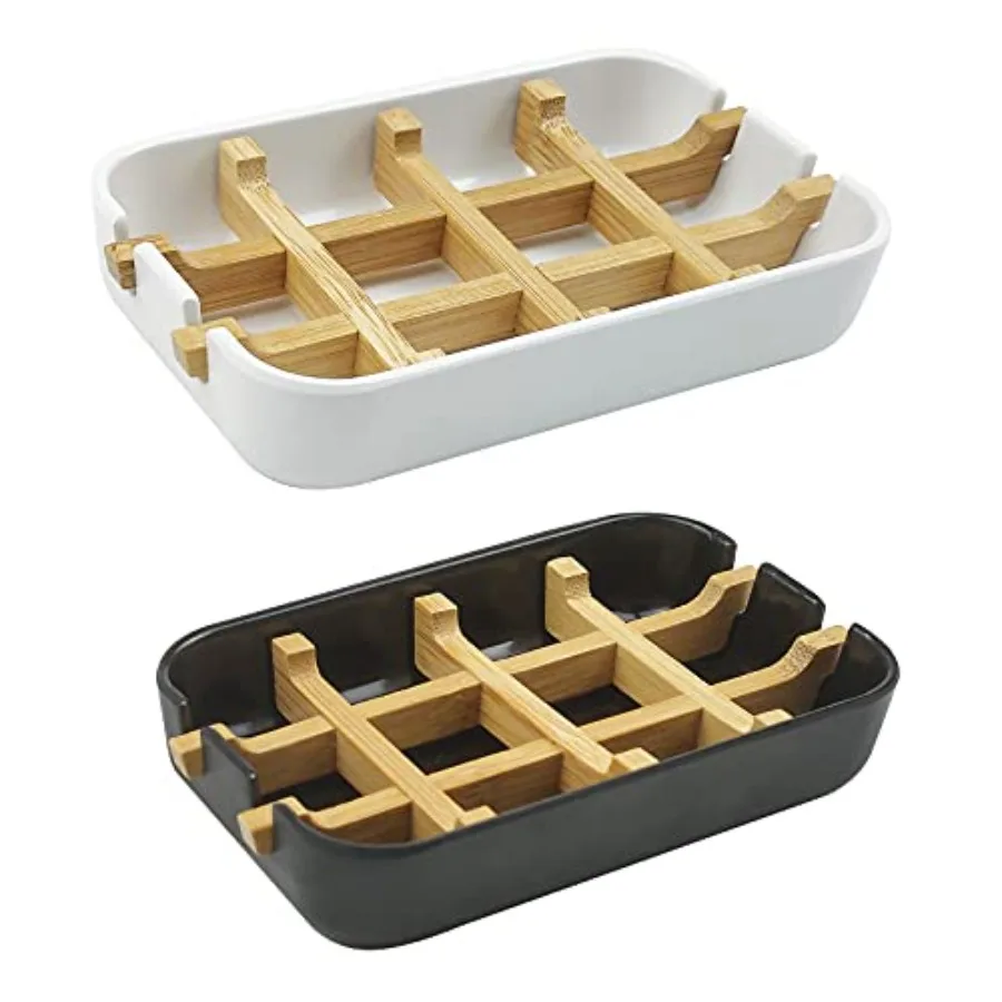 

2 Pack Bamboo Soap Dish Self-Draining Soap Box Wooden Bamboo Bar Soap Holder for Shower Bathroom Kitchen Bathtub Bar Sink