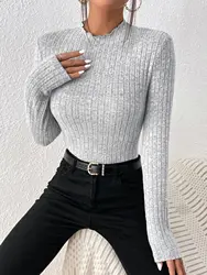 Fashion Slim Ruffle Neck Knit Long Sleeve Top, Lace Mid-Collar Women's Striped Bottom Shirt, Autumn and Winter Casual Sweater